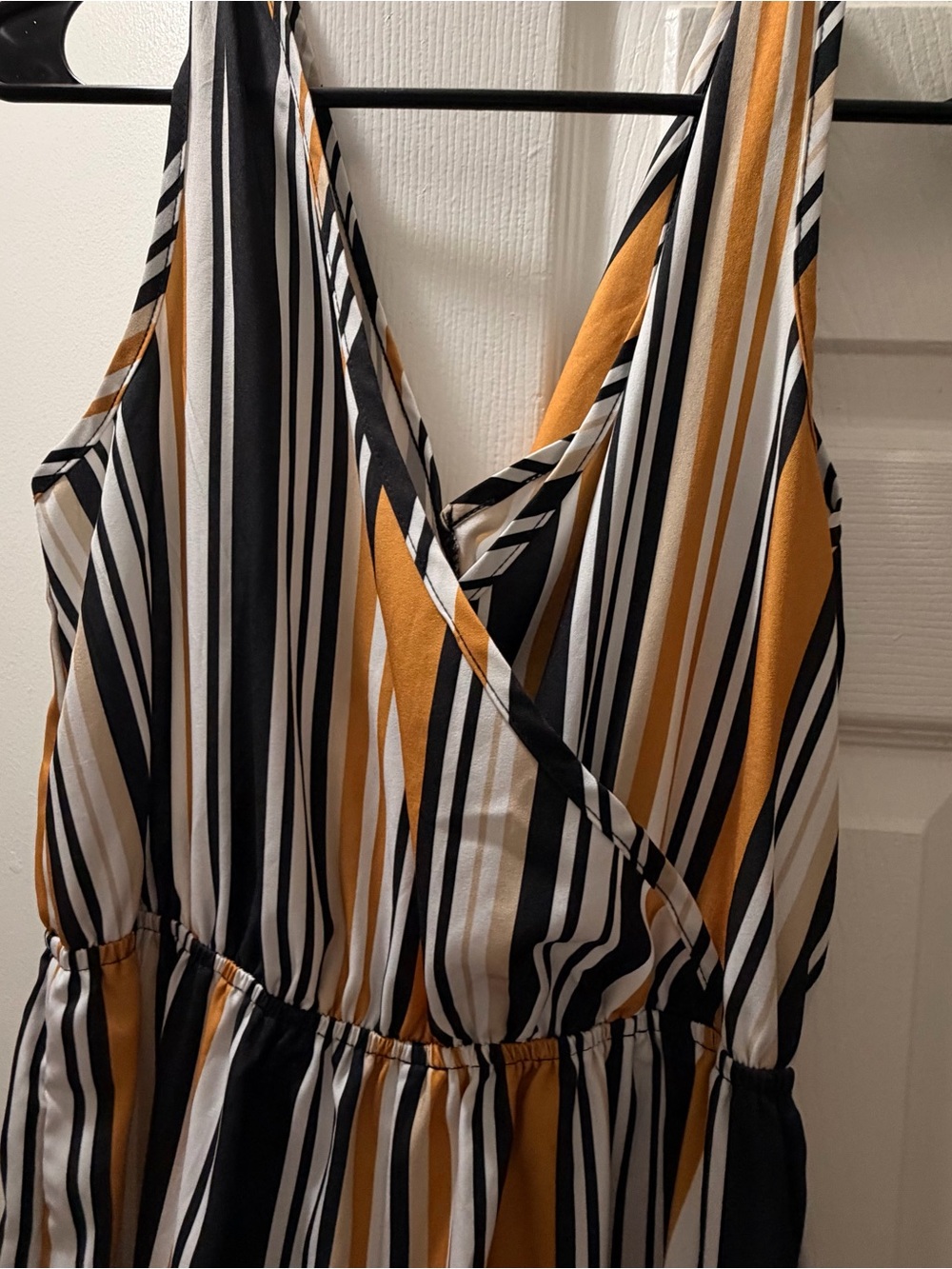 Sleeveless Striped V-Neck Jumpsuit in Mustard, Black & White